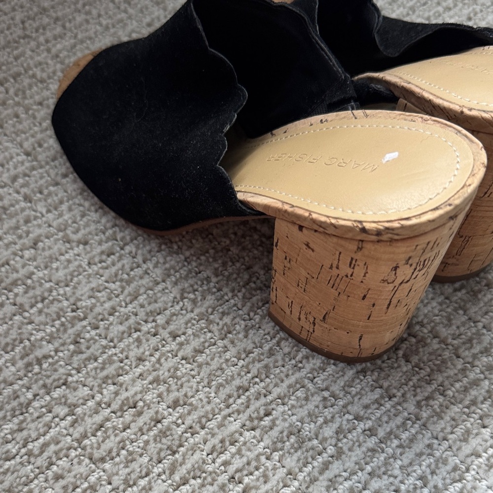 Marc Fisher Black Suede Cork Block Heel Mules